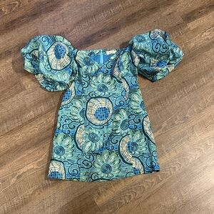 Rhode Resort Puff Sleeve Mini Dress Blue Green Floral Size 10